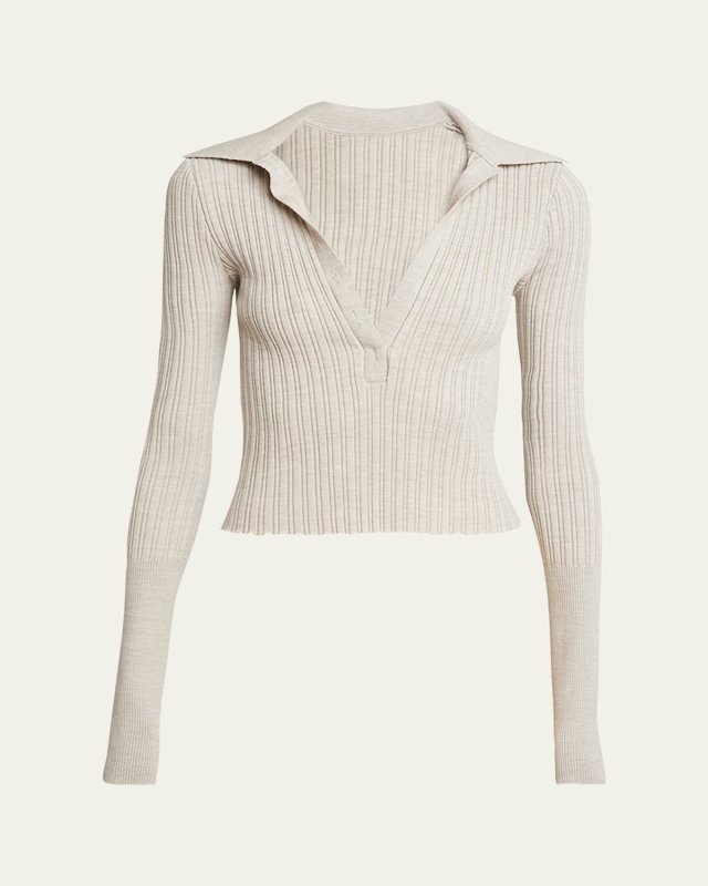 Ribbed Polo Long-Sleeve Top