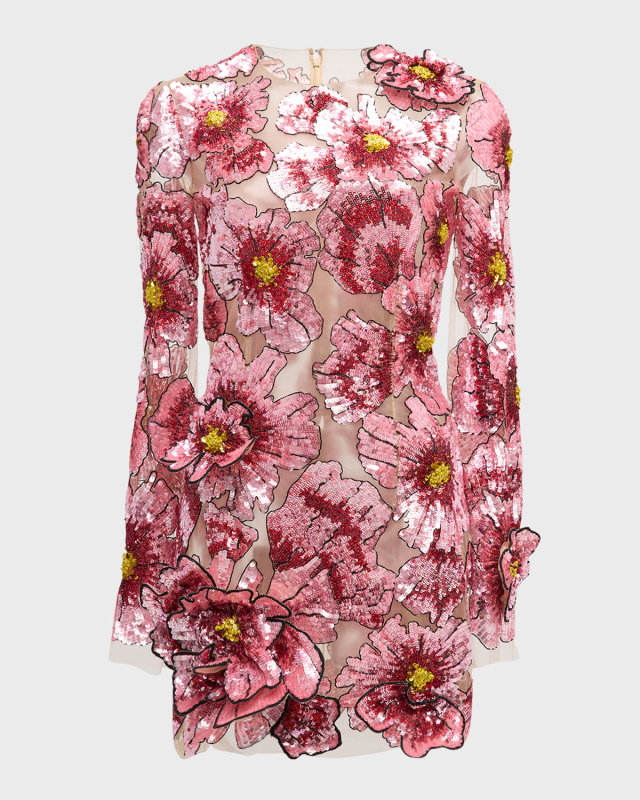 Long-Sleeve Hibiscus Sequin Embroidered Mesh Mini Cocktail Dress