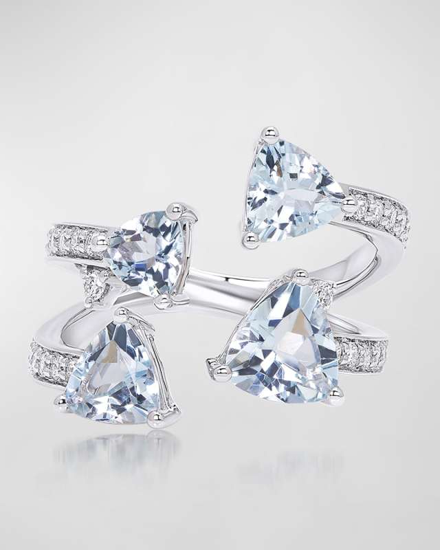 18K Mirage White Gold Ring with VS/GH Diamonds and Four Blue Aquamarine