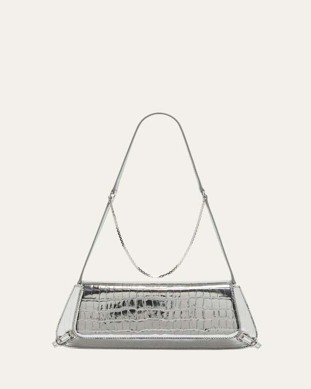Voyou East-West Shoulder Bag in Metallic Croc-Embossed Leather