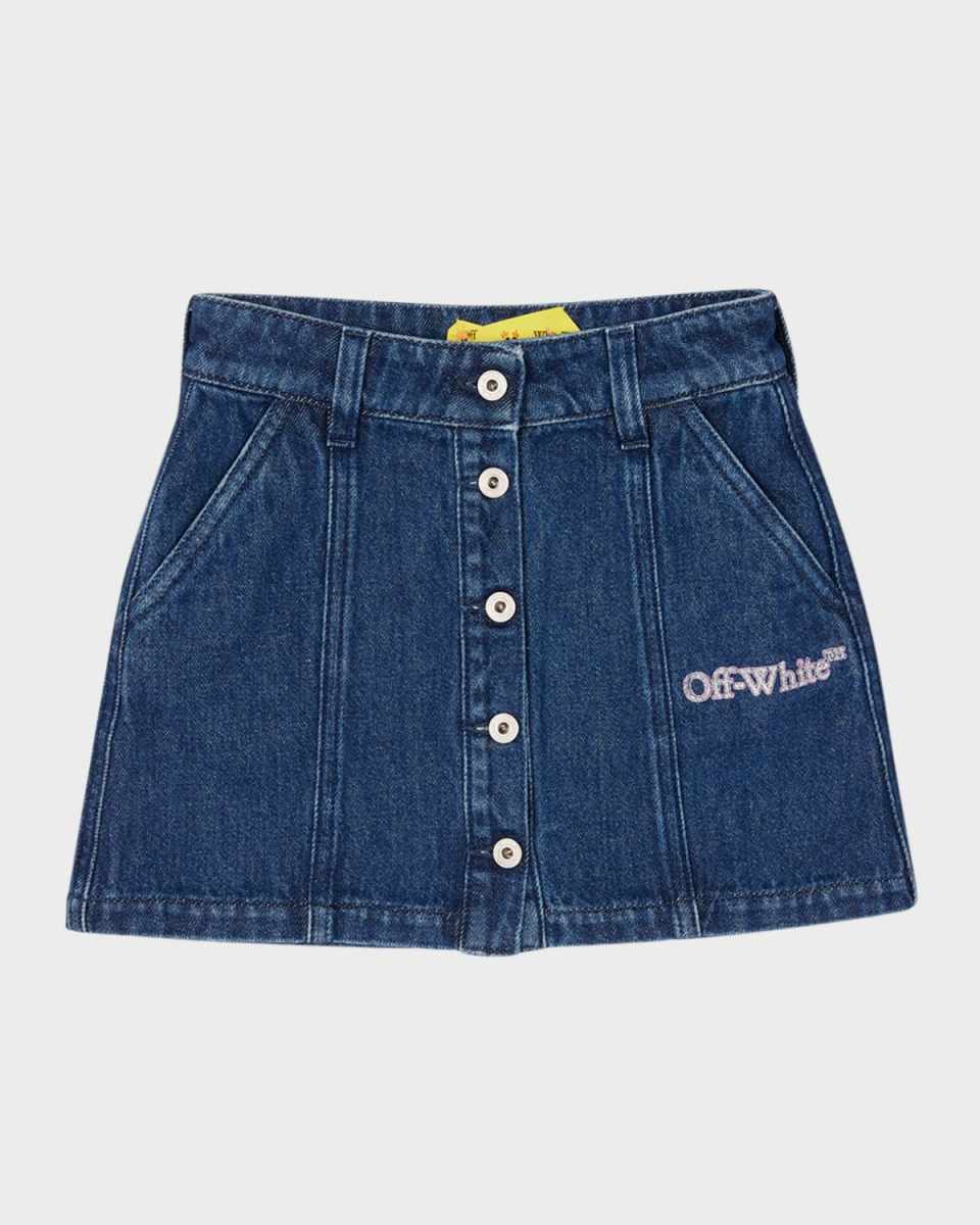 Girl's Glitter Logo-Print Denim Skirt, Size