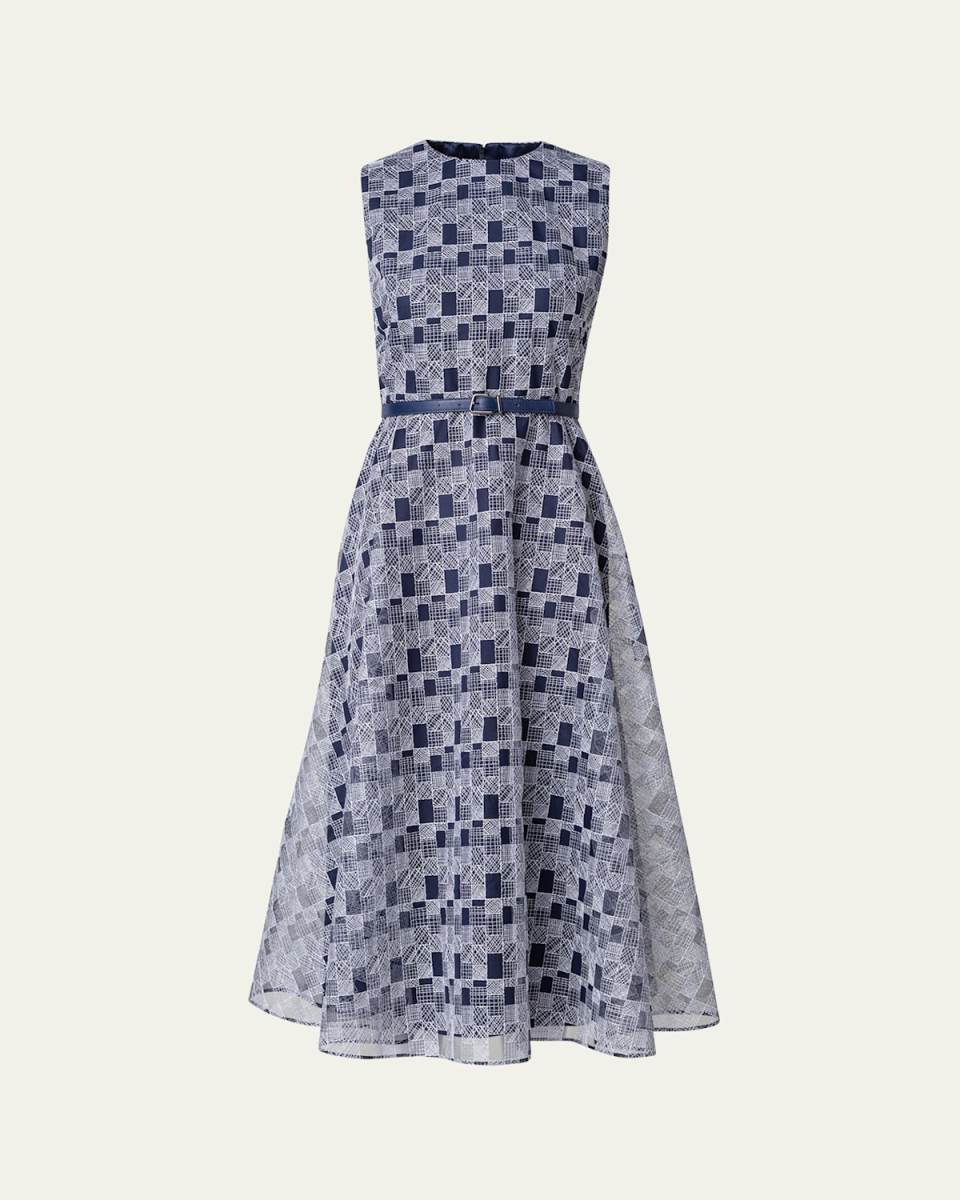 Abstract-Print Tulle Belted Midi Dress