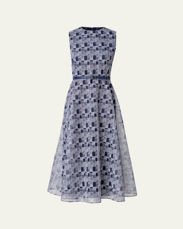 Abstract-Print Tulle Belted Midi Dress
