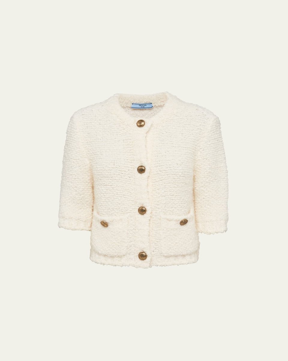 Boucle Elbow-Sleeve Cardigan