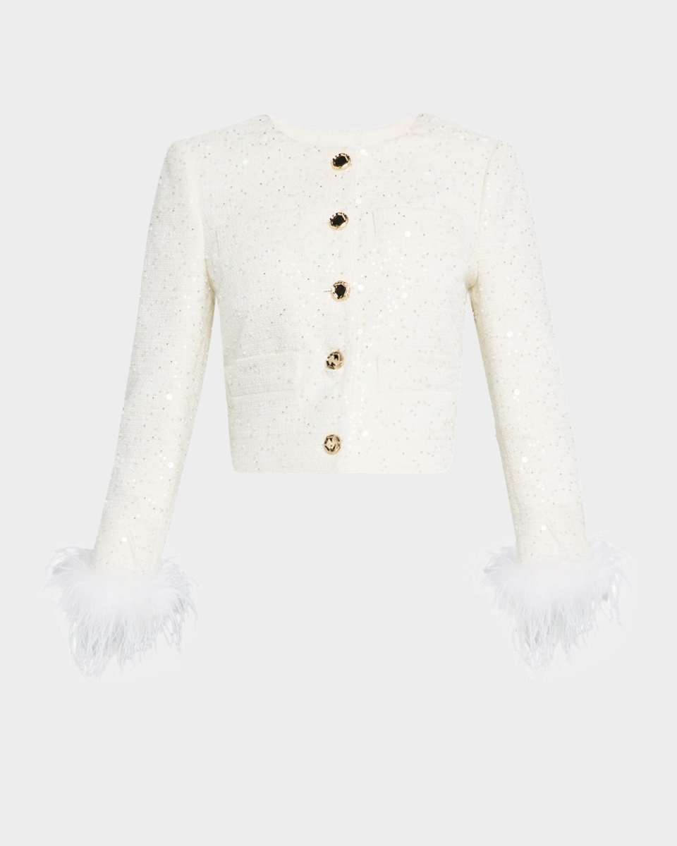 Aya Beaded Feather-Cuff Tweed Jacket