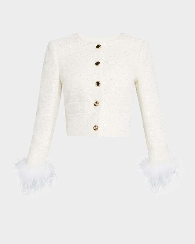 Aya Beaded Feather-Cuff Tweed Jacket