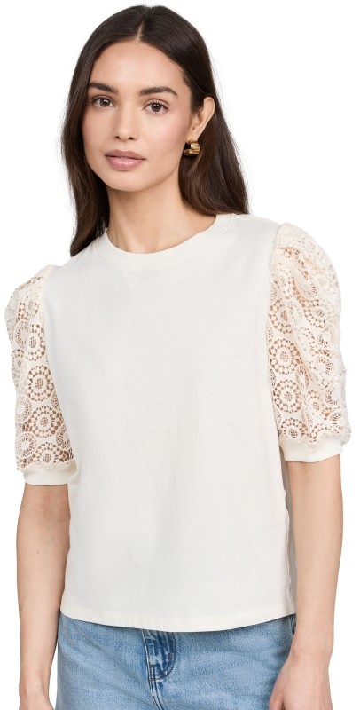 FRAME Lace Sleeve Frankie Tee Cream