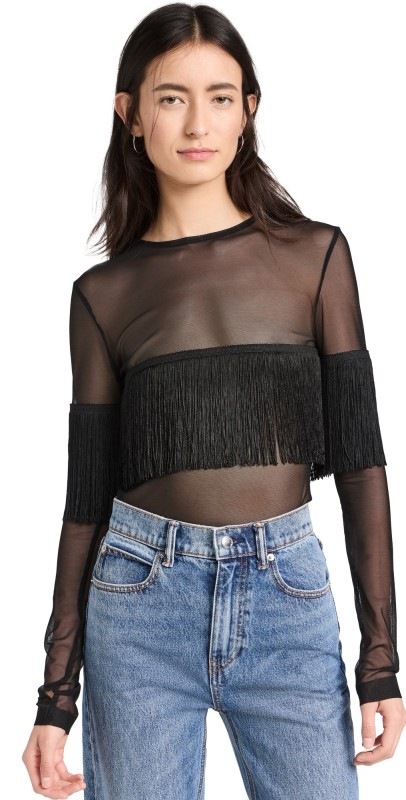 Norma Kamali Long Sleeve Crew Neck Fringe Top Black/Black