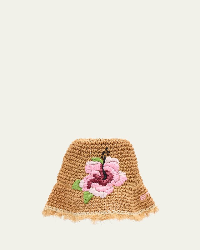 Floral Embroidered Logo Paper Straw Bucket Hat