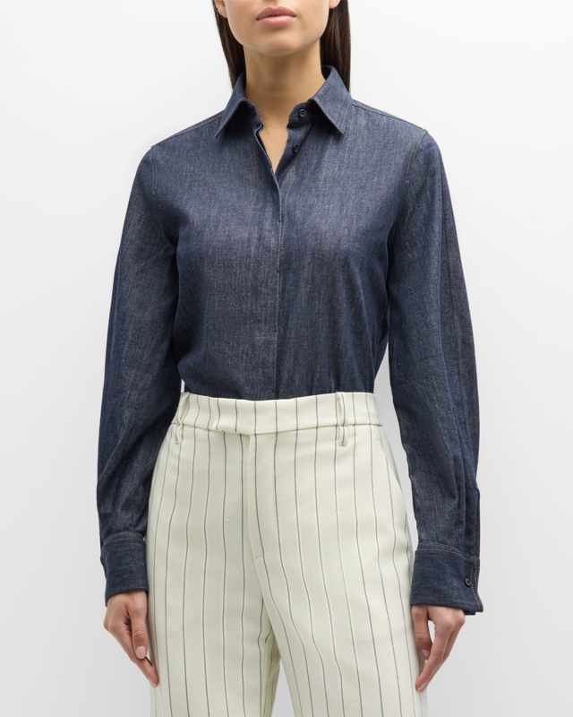 Double-Cuff Lightweight Denim Button-Down Blouse