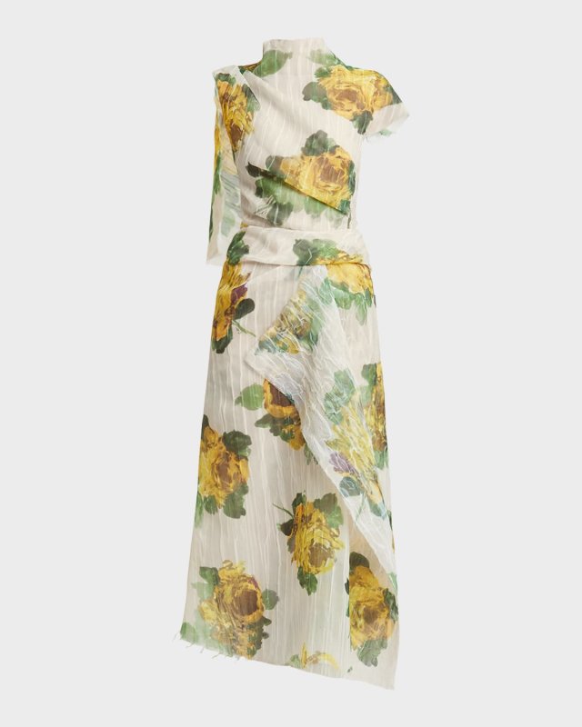 Floral Draped Crinkle Midi Wrap Dress
