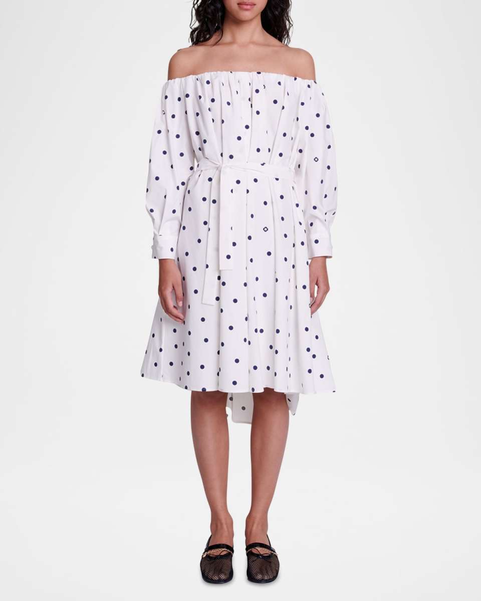 Ranina Polka-Dot Long-Sleeve Off-The-Shoulder Midi Dress