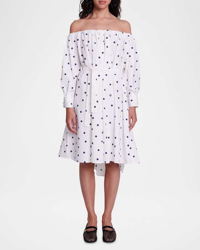 Ranina Polka-Dot Long-Sleeve Off-The-Shoulder Midi Dress