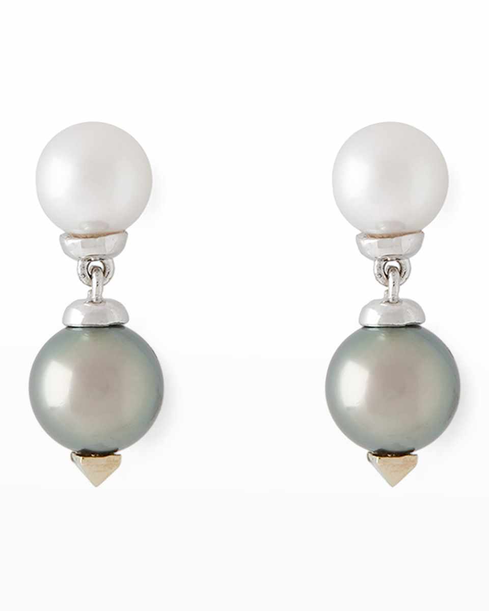 18K White Gold 9mm Gray Tahitian Pearl and 8mm Akoya Pearl Drop Earrings