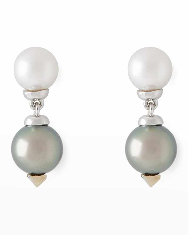 18K White Gold 9mm Gray Tahitian Pearl and 8mm Akoya Pearl Drop Earrings