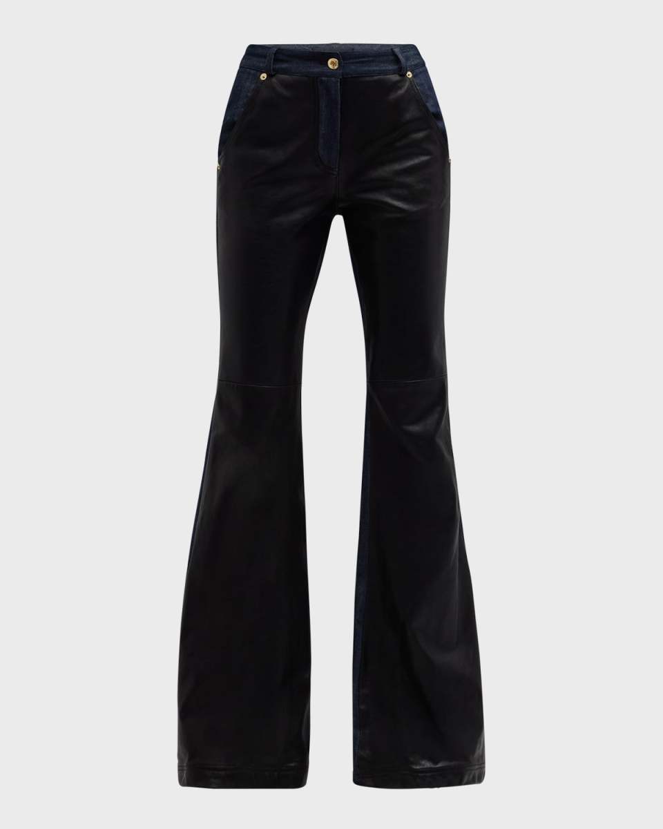 Leather Front Denim Flared Pants
