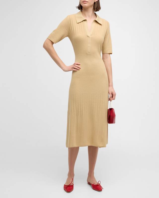Ribbed Wool Polo Midi Dress