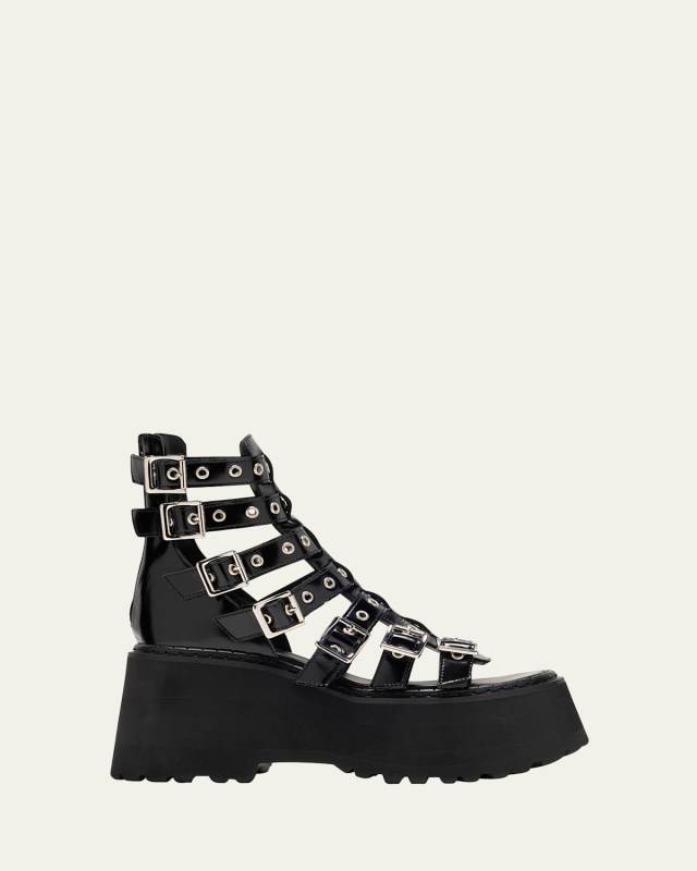 Glossy Leather Multi Buckle Platform Sandals