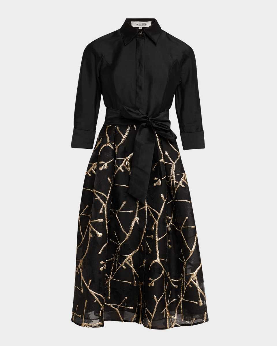 Taffeta and Metallic Jacquard Midi Shirtdress