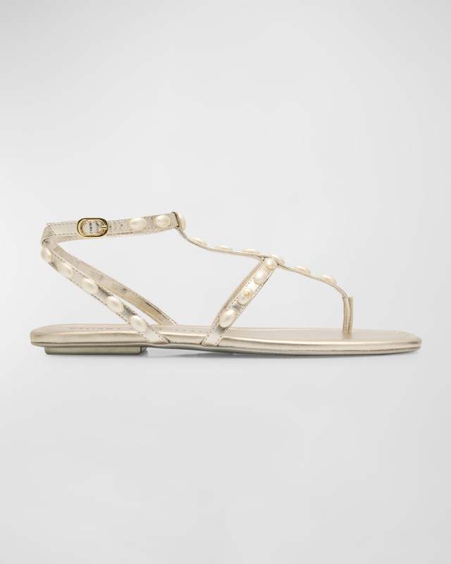 Pearlita Stud Metallic T-Strap Sandals