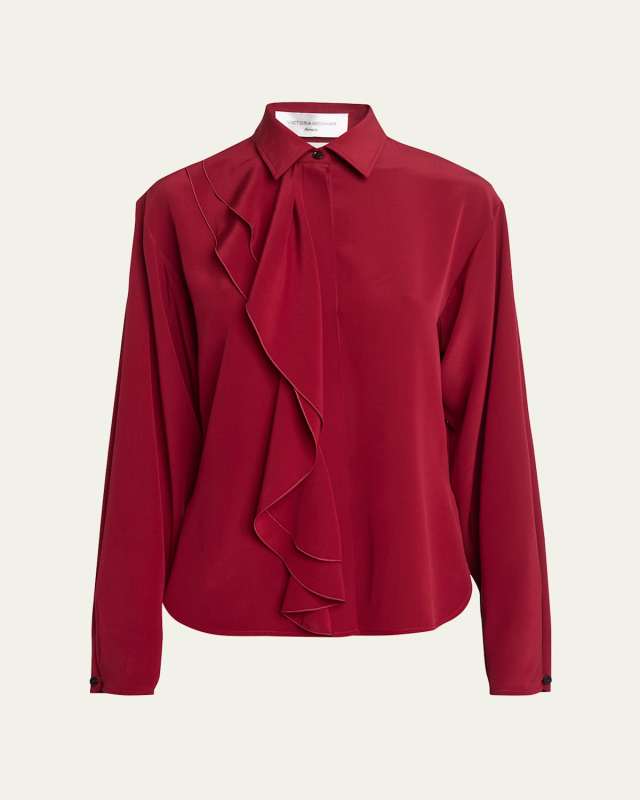 Ruffle Long-Sleeve Silk Blouse
