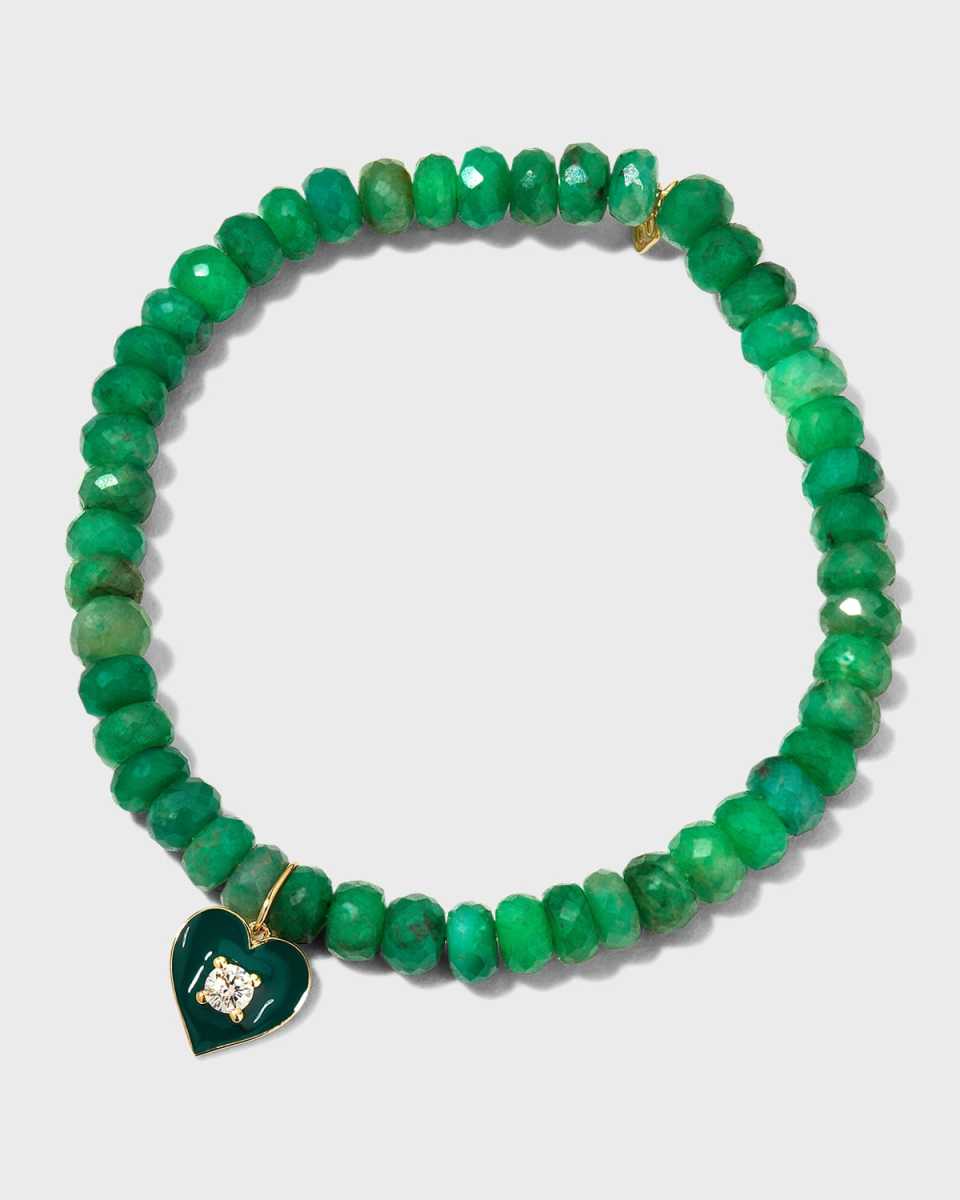 Enamel Heart with Diamond Bracelet on 6mm Emerald Corundum Rondelle