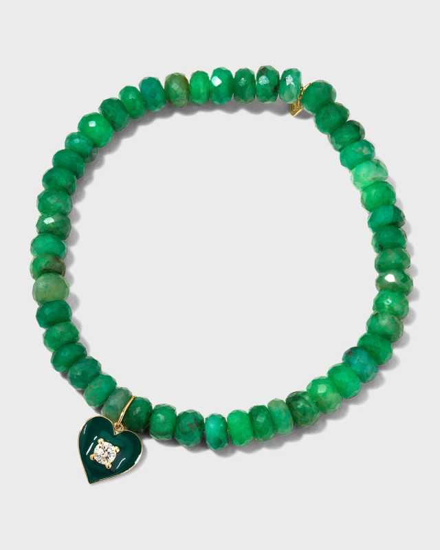 Enamel Heart with Diamond Bracelet on 6mm Emerald Corundum Rondelle
