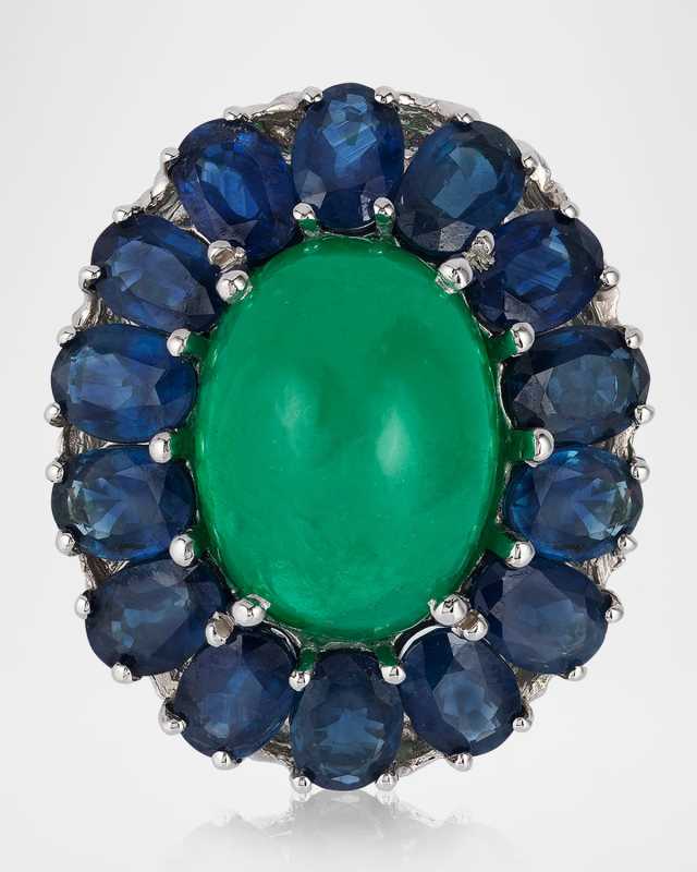 18K White Gold Cabochon Emerald and Blue Sapphire Ring, Size 8