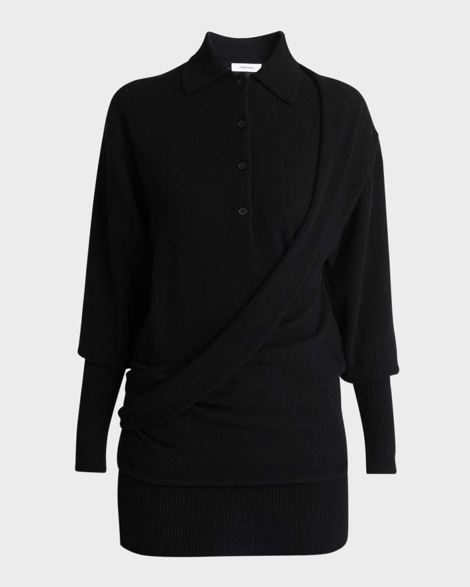 Wool-Cashmere Long-Sleeve Mini Polo Sweater Dress