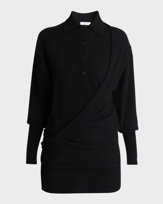 Wool-Cashmere Long-Sleeve Mini Polo Sweater Dress