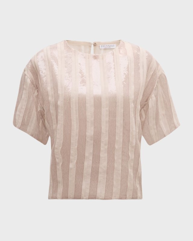 Sequin Stripe Short-Sleeve Crewneck Silk Blouse