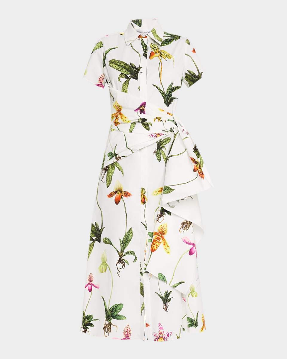Orchid Print Poplin Midi Dress with Sash Detail