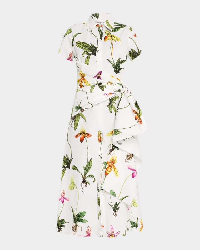 Orchid Print Poplin Midi Dress with Sash Detail