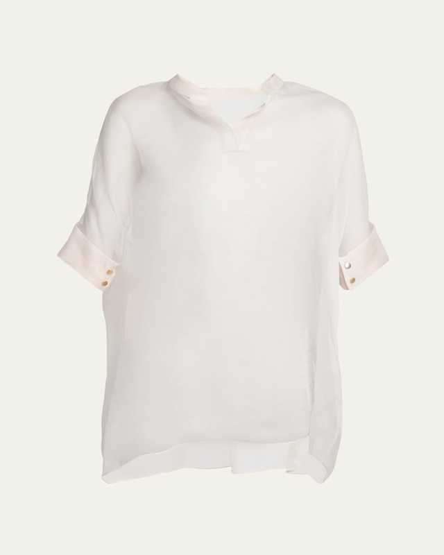 Short-Sleeve Sheer Silk Tunic Top With Cami