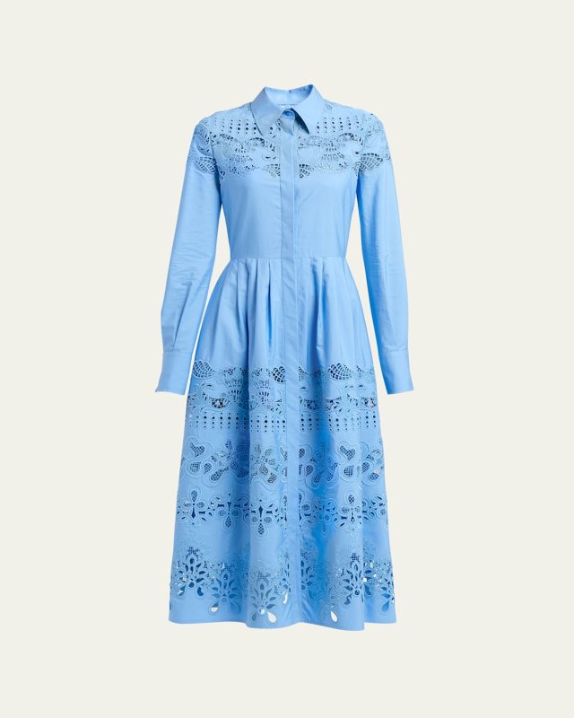 Long-Sleeve Floral Laser-Cut Detailed Midi Shirtdress