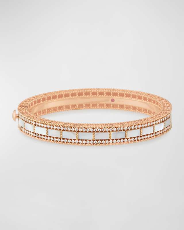 Art Deco 18k Rose Gold Mother-of-Pearl & Diamond Bangle