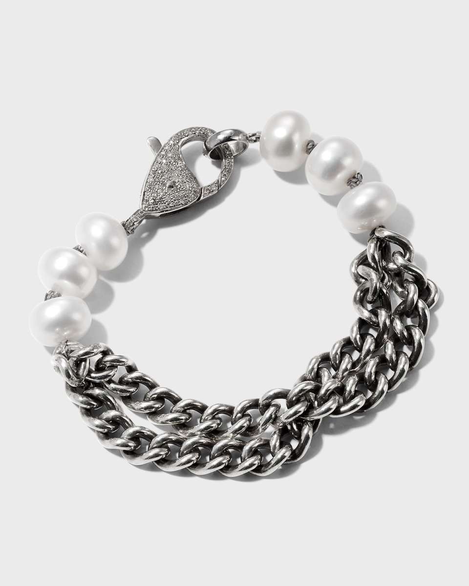 Sterling Silver Double Curb Chain Bracelet with Pave Diamond Clasp