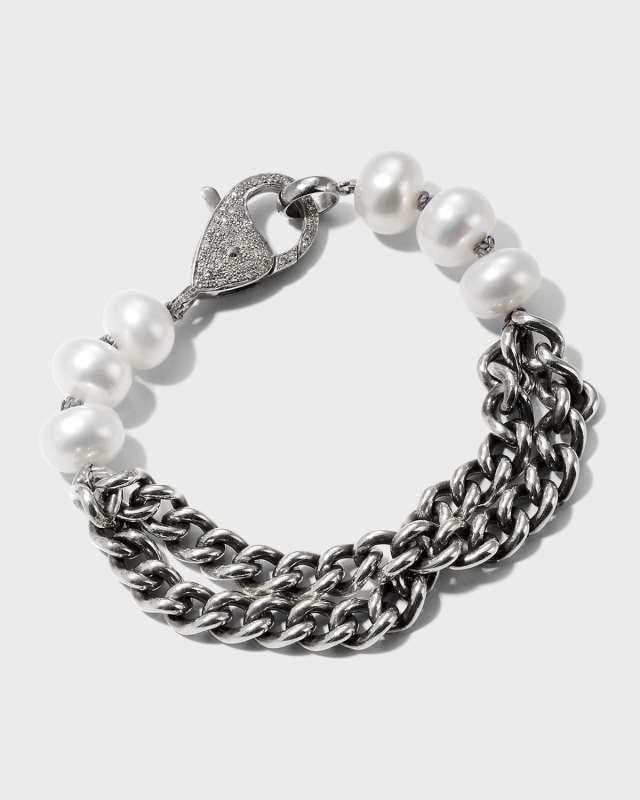 Sterling Silver Double Curb Chain Bracelet with Pave Diamond Clasp