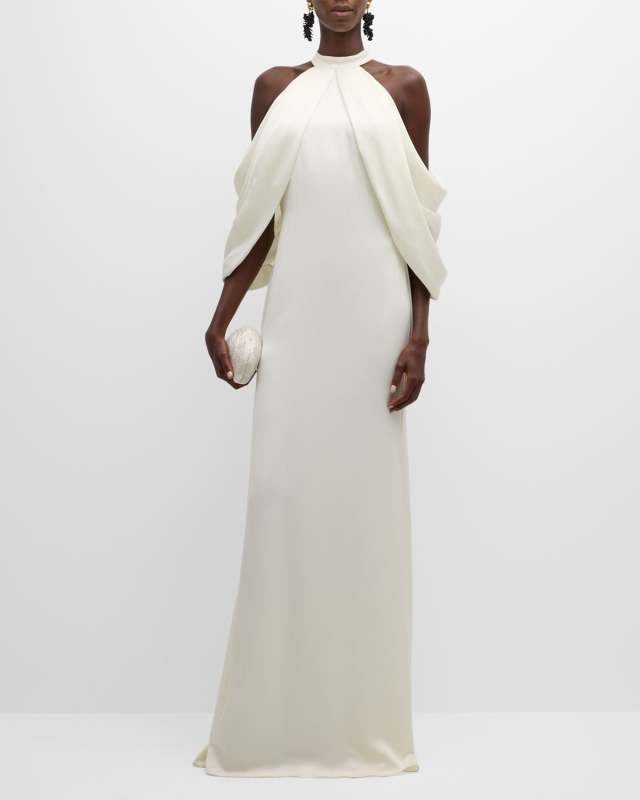 Draped Cold-Shoulder Halter Gown