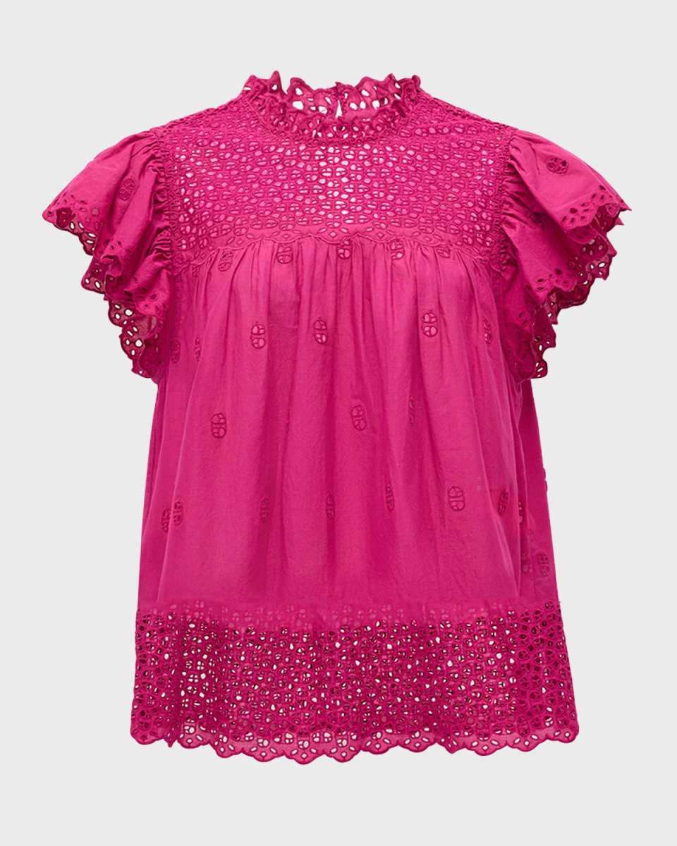 Kassi Ruffle-Sleeve Embroidered Cotton Top