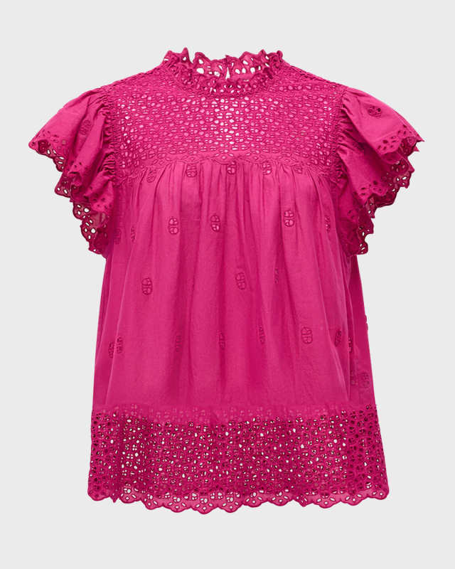 Kassi Ruffle-Sleeve Embroidered Cotton Top