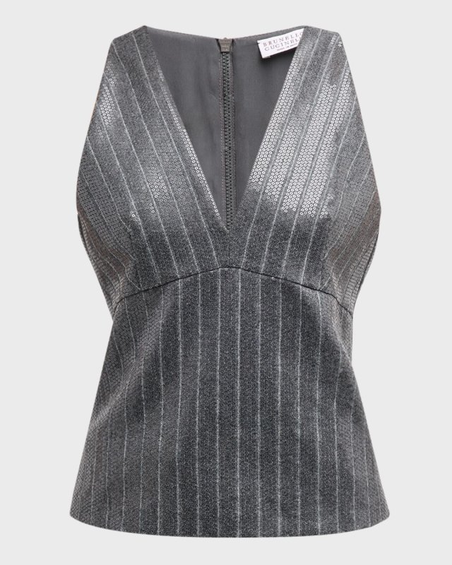 Pinstripe Sequin Embroidered Flannel Sleeveless Top