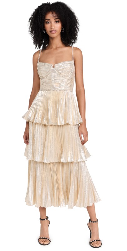 Self Portrait Gold Metallic Tiered Midi Dress Gold
