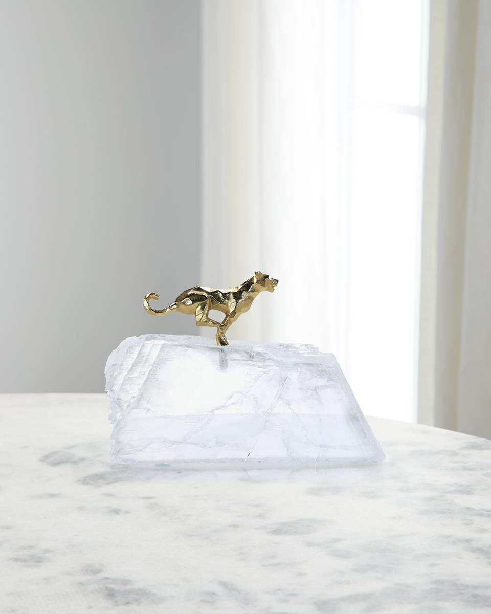 Sprinting Brass Panther Sculpture on Selenite