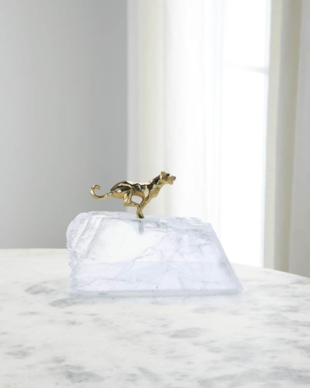 Sprinting Brass Panther Sculpture on Selenite