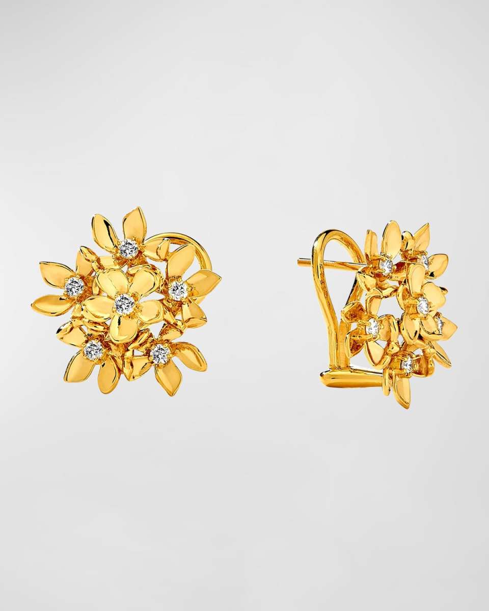 18K Yellow Gold Jardin Flower Bunch Omega Clip Earrings