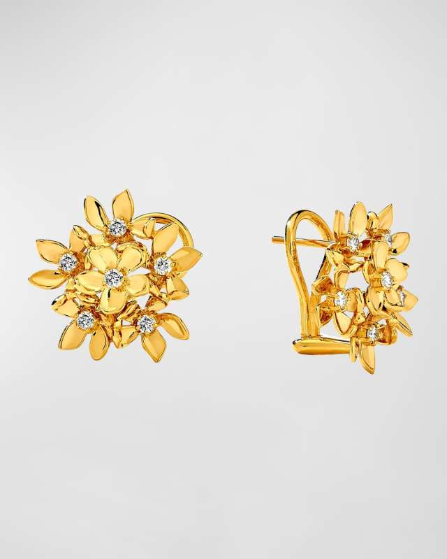 18K Yellow Gold Jardin Flower Bunch Omega Clip Earrings