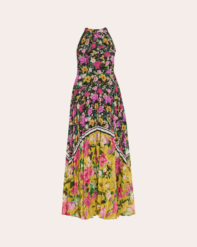 Pleated Floral-Print Halter Gown