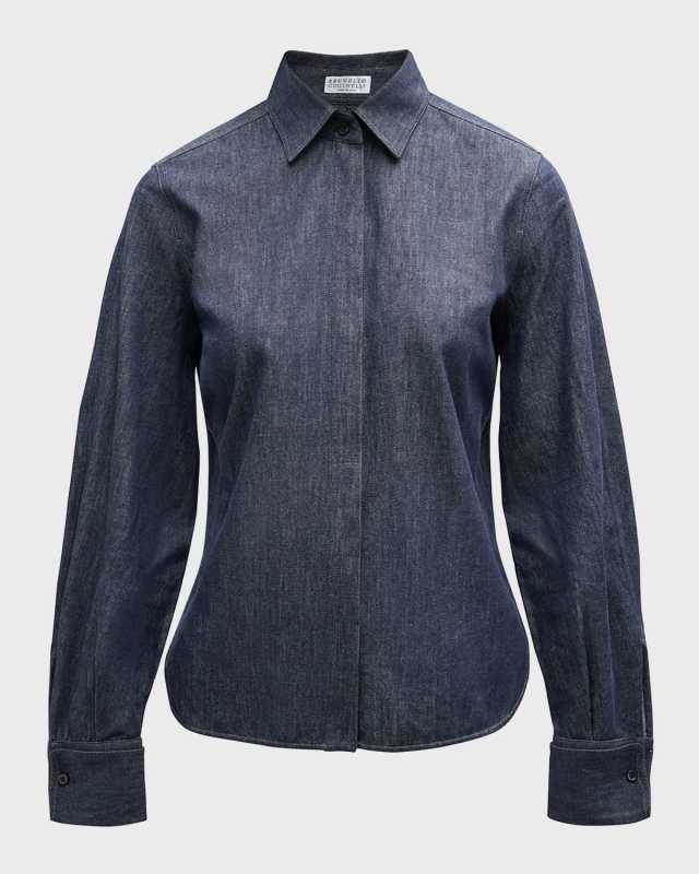 Double-Cuff Lightweight Denim Button-Down Blous