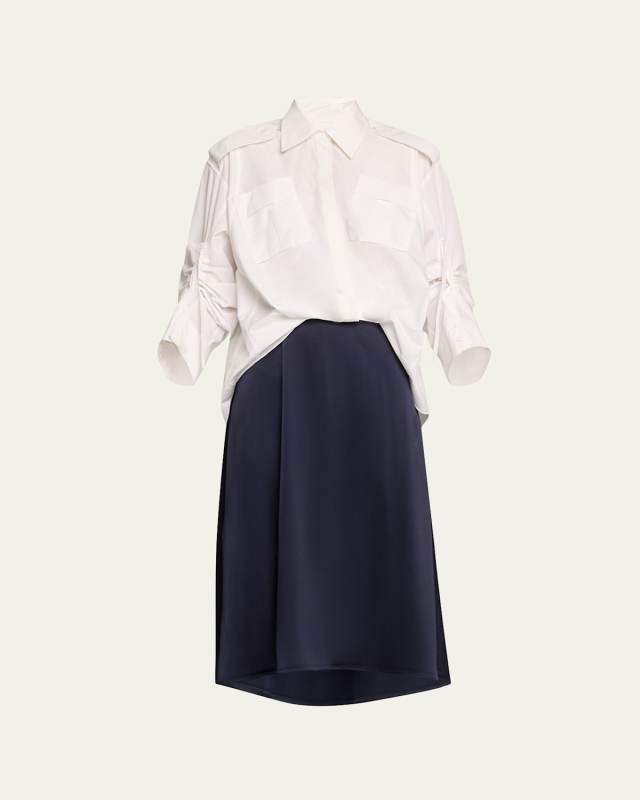 Long-Sleeve Draped Combo Shirtdress